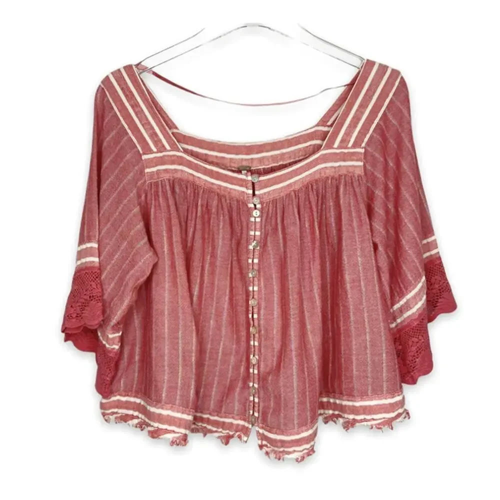 Free People See Saw Red Striped Raw Hem Top Sz Small